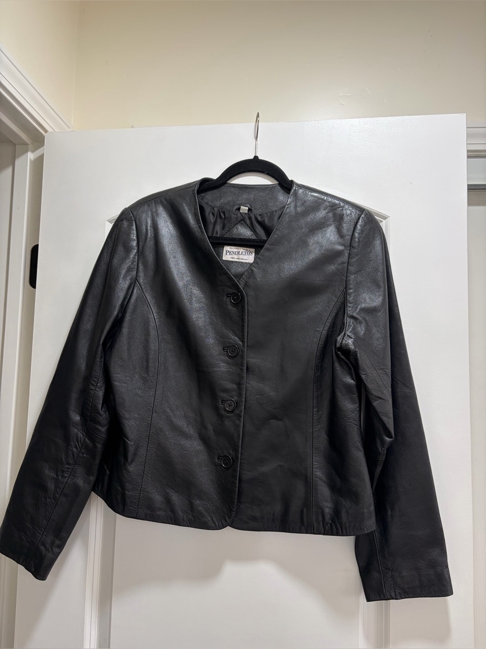 Vintage Pendleton Black Leather Collarless Cropped Jacket Blazer - Size M